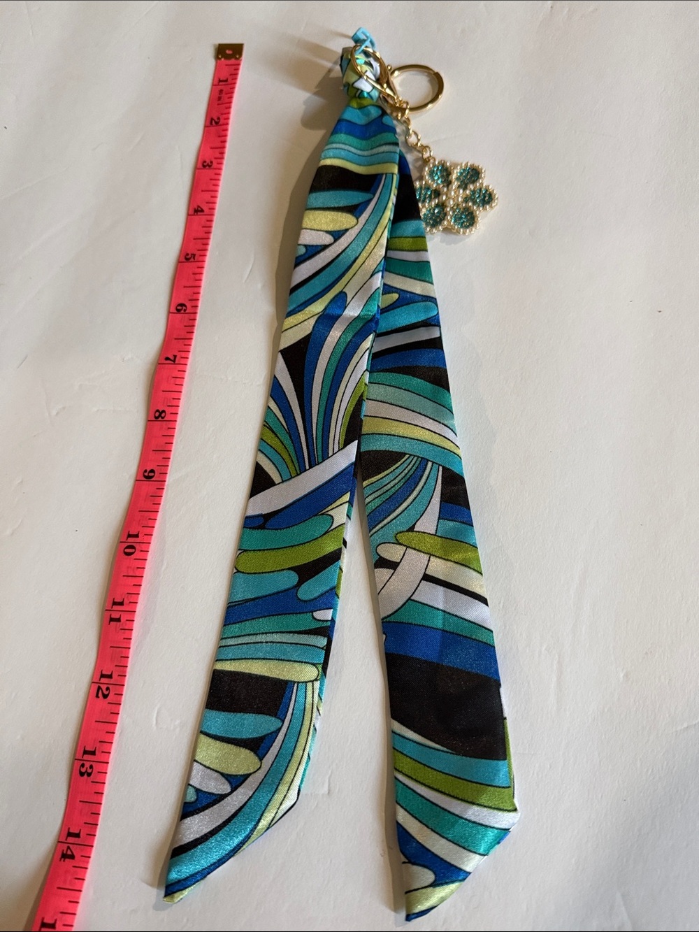 Blue & Green Silk Scarf Keychain with Crystal Flower Charm